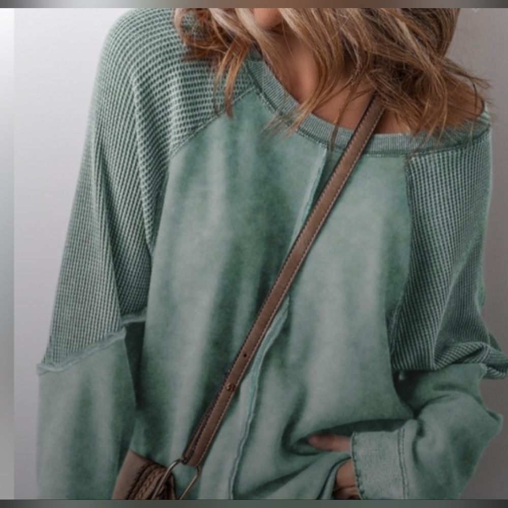 Women’s Soft Sweatshirt M & XL Minty Green Waffle Knit & Hem Exposed Seams  New